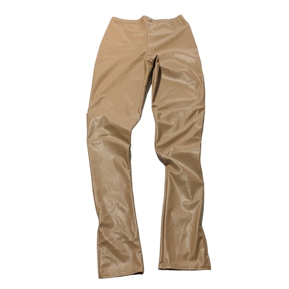 Pretty Little Thing Tan Faux Leather High Waist Pants Hemline Slits Sz 6 - Picture 4 of 12
